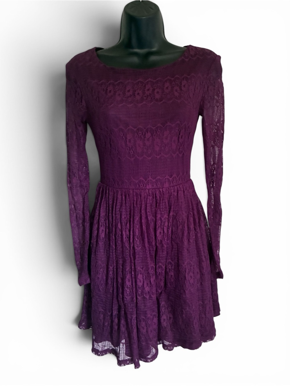 Maroon Y2K Style Grunge Skater Lace Long-Sleeve Fit & Flare Mini Dress Sz XS